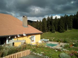 La Côte-aux-FéesLa Dernier (La cote-aux-fées) Suisse的一座黄色的房子,在院子里设有游泳池