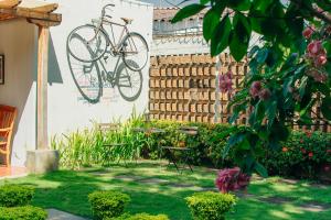 马那瓜La Bicicleta Hostal的花园里的墙上挂着自行车