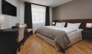 阿克雷里凯亚凯亚酒店的酒店客房配有一张床、一张书桌和一台电视。