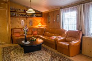 米科瓦伊基Marina Bajana的客厅配有棕色皮革家具和桌子