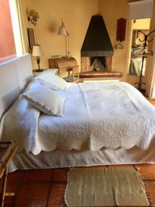 蒙得维的亚Bungalow in Our Garden的卧室配有1张白色床和壁炉