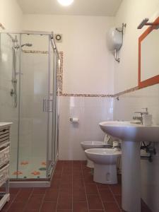 曼恰诺Poggio Moretto的一间带水槽、淋浴和卫生间的浴室