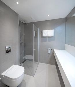 斯塔万格Ydalir Hotel的一间带卫生间和玻璃淋浴间的浴室