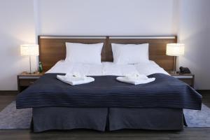 扎雷Glas-Hotel 3*的一间卧室配有一张大床和两条毛巾
