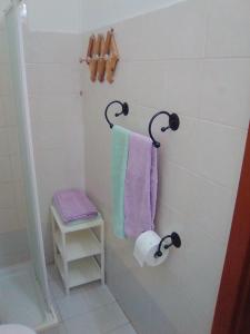 利沃诺Albergo Cavour SELF CHECK-IN的浴室提供紫色和绿色毛巾以及架子