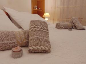 Santa LuciaIl Trullo del Lazzeruolo的床上有针织毯子