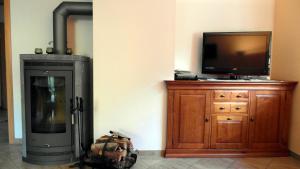皮尔纳Haus Ferienromantik的客房设有壁炉、电视和木柜。