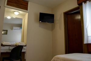 里奥夸尔托Hotel Menossi的酒店客房设有一张床和墙上的电视