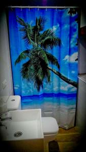 擞莫SURFtoLIVE House的浴室设有棕榈树和浴帘