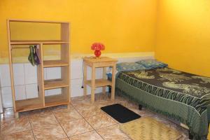 圣佩德罗拉拉古纳Una Noche Con Mical的一间卧室配有一张床、一张桌子和一个架子