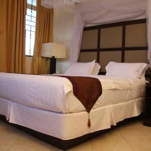 达累斯萨拉姆ShaMooL Hotel的一间卧室配有一张带天蓬的大型白色床