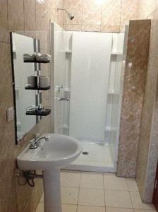 达累斯萨拉姆ShaMooL Hotel的浴室配有白色水槽和淋浴。