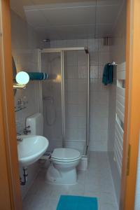 RamsthalGästezimmer Fuchs的浴室配有卫生间、淋浴和盥洗盆。