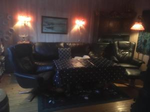 FagerstrandHoliday Home Sondre Hallangen的客厅配有真皮沙发和两把椅子