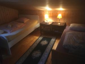 FagerstrandHoliday Home Sondre Hallangen的一间卧室配有两张床和一个带灯的床头柜