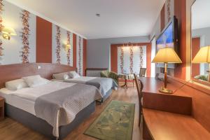 奥博尔尼基Hotel Doris的酒店客房配有两张床和一张书桌
