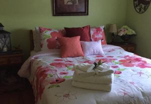 Dalroy帕乌拉美容农场住宿加早餐旅馆及日间Spa的一间卧室配有一张粉红色鲜花和毛巾的床