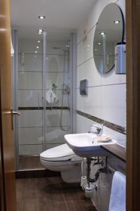 普富伦多夫克朗酒店的带淋浴、卫生间和盥洗盆的浴室