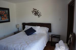 蒂瓦索萨San Benito Hotel的一间卧室配有一张带蓝色枕头的床
