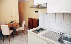 特罗吉尔Apartments Barisic Hrvatskih Žrtava 404 Seget Vranjica的厨房配有水槽和带炉灶的桌子