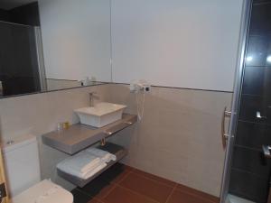 Langa de Duero里贝拉德兰加酒店的一间带水槽、卫生间和淋浴的浴室