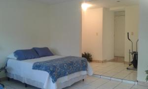 危地马拉lindo apartamento的一间卧室配有一张带蓝色毯子的床