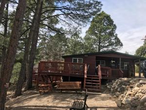 鲁伊多索Gonzales Cozy Little Bear Cabin的小木屋设有大甲板和树木