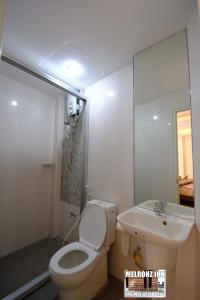 奥斯洛布Melronz inn的浴室配有卫生间、盥洗盆和淋浴。