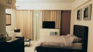 马尼拉棕榈树别墅1号公寓的一间卧室配有一张床和一台电视