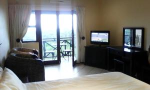 爱德华港Ocean View Villas C11的一间卧室配有一张床、一台电视和一个阳台