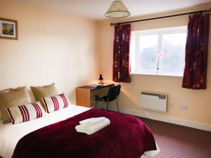 特拉利Kings Court Holiday Apartments的一间卧室配有一张床、一张书桌和一个窗户。