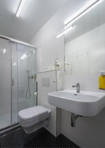 布拉格白狮酒店的一间带水槽、卫生间和淋浴的浴室