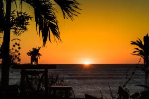 Puerto SandinoMiramar SurfCamp的海滩上的日落,配有桌椅