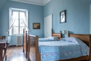 瓦伦扎乔佩拉别墅农家乐的一间蓝色卧室,配有两张床和窗户