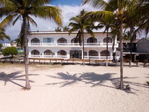 比亚米尔港阿尔比马尔酒店的海滩上的一座建筑,前方有棕榈树