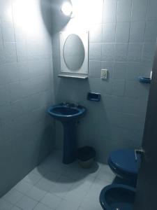 布宜诺斯艾利斯Hotel Condor的浴室配有蓝色水槽和卫生间。