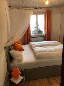 加尔米施-帕滕基兴菲林格鲁斯帕滕基公寓的一间卧室配有一张带天蓬和窗户的床