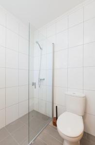Cais do MouratoOcean Breeze的一间带卫生间和玻璃淋浴间的浴室