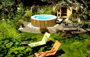 夏蒙尼-勃朗峰庄园酒店的享有后院的上方景色,设有游泳池