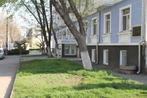 蒂拉斯波尔Old Tiraspol Hostel的前面有棵树的蓝色建筑