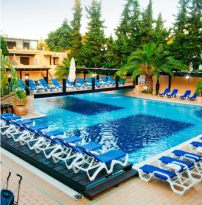 阿尔布费拉ExcelStay - Balaia的一座配有蓝色和白色椅子的酒店游泳池