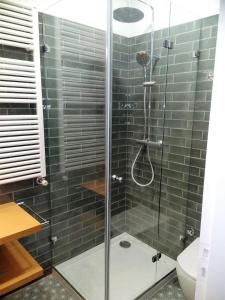 波尔图Casa Familiar do Porto的浴室里设有玻璃门淋浴