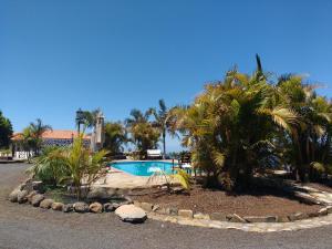蒂哈拉费Casa Rural Los Geranios 1的一座别墅前方的棕榈树游泳池