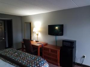 圣路易斯圣路易斯市区美国最有价值旅馆的酒店客房配有一张床、一张书桌和一台电视。