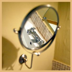 达默霍夫德斯丁诺文住宿加早餐酒店的浴室内镜子反射水槽