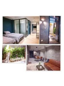 曼谷艾丽拉玛8号公寓的卧室和客厅的照片拼合在一起