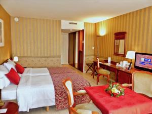 布鲁日德美第奇金色郁金香酒店的配有一张床和一张书桌的酒店客房