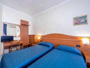 米兰奥罗拉酒店的一间酒店客房,配有一张蓝色的床和一张书桌