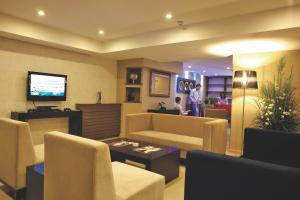 伊兹密尔苏苏卢酒店的带沙发和电视的客厅