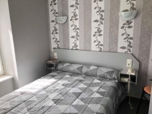圣谢利多布拉克旅行者酒店的卧室配有一张带灰色和白色棉被的床